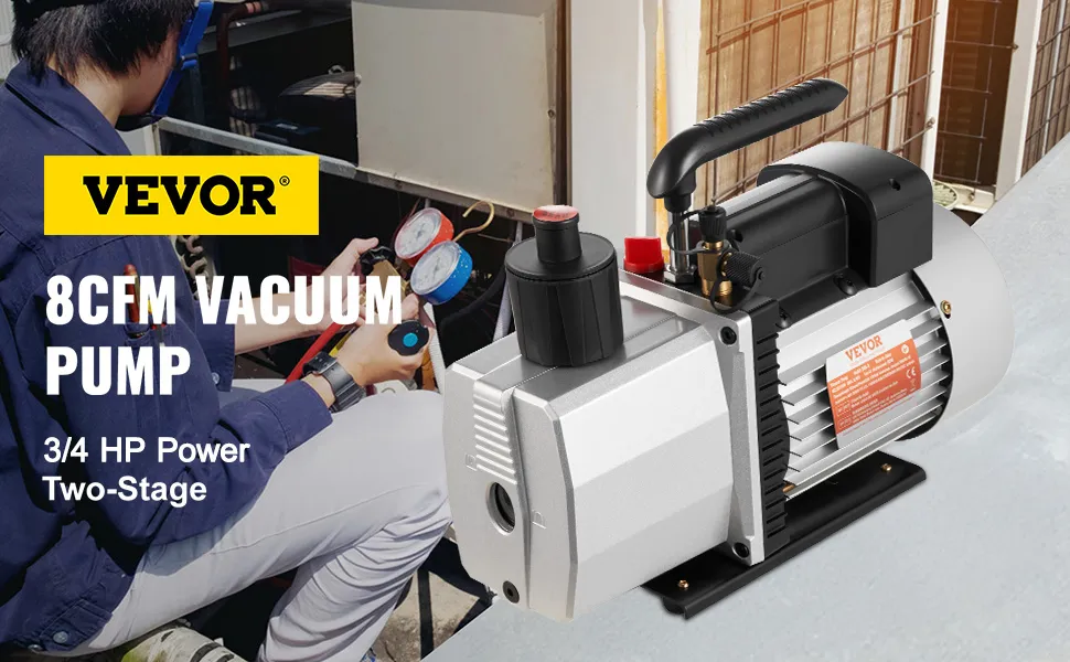 Pompa per vuoto VEVOR, 8cfm, 1 hp, a due stadi, tecnico che utilizza manometri HVAC.
