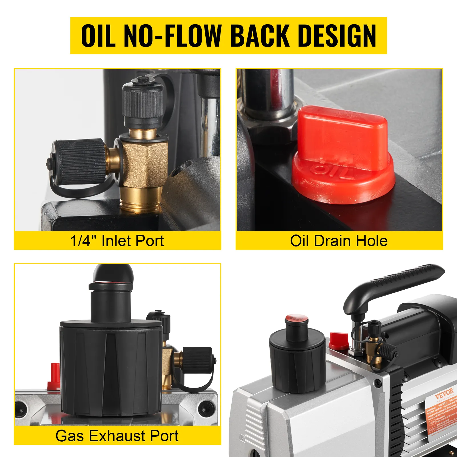 Pompa per vuoto VEVOR con design antiriflusso dell'olio, porta di ingresso, porta di scarico e foro di drenaggio.