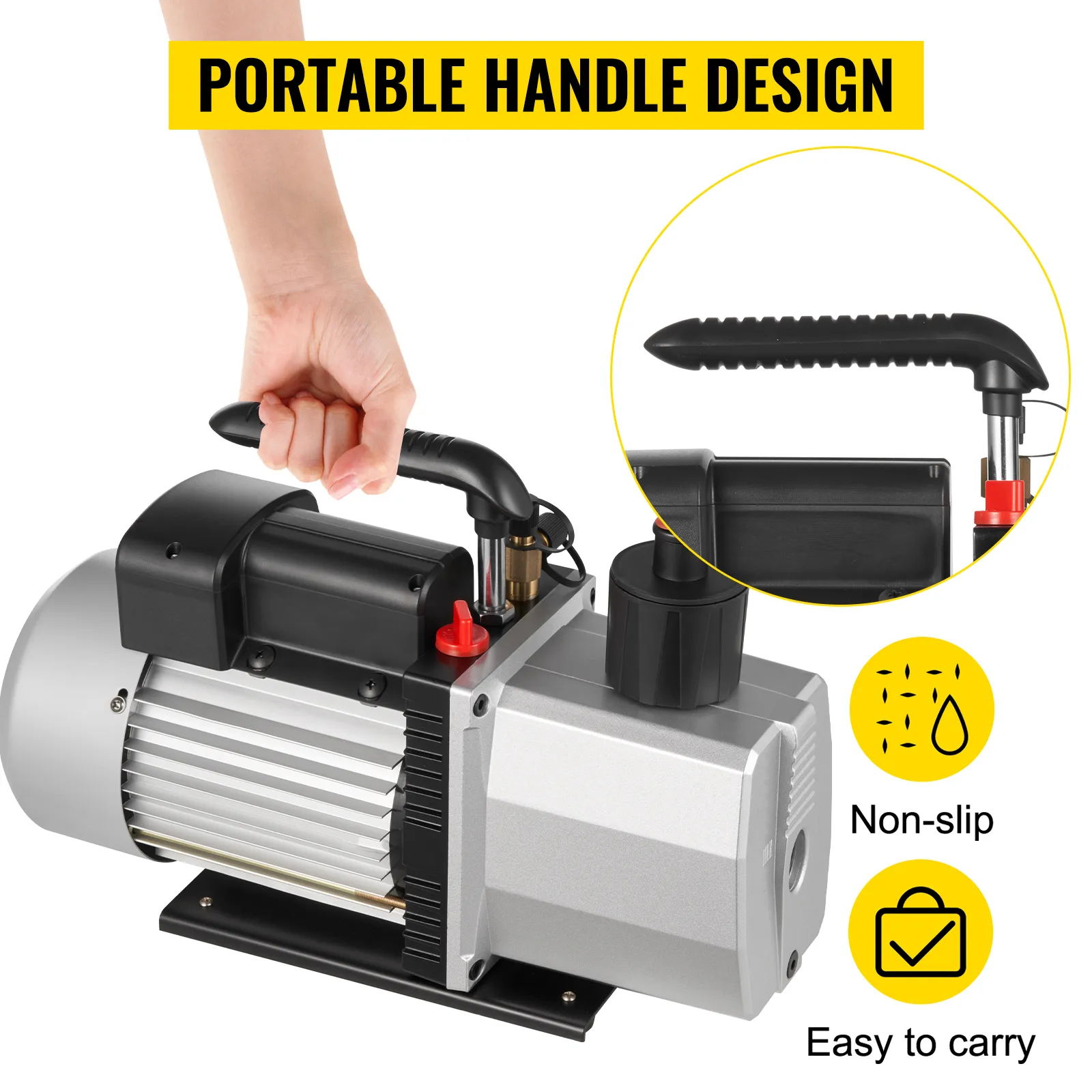 Maniglia portatile sulla pompa per vuoto VEVOR, antiscivolo e facile da trasportare.