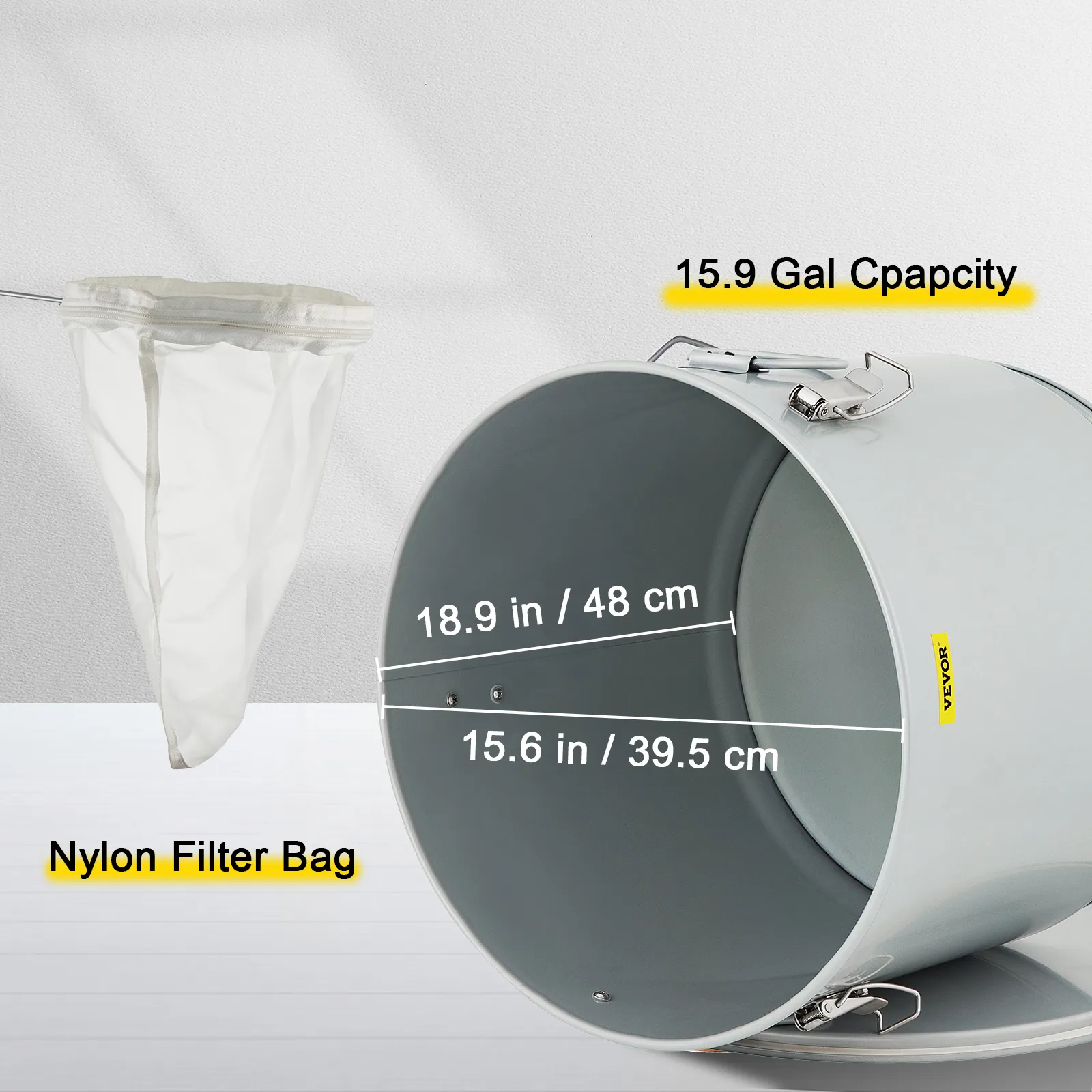 Cubo de grasa para freidora VEVOR con capacidad de 15,9 galones y bolsa de filtro de nailon, dimensiones etiquetadas.