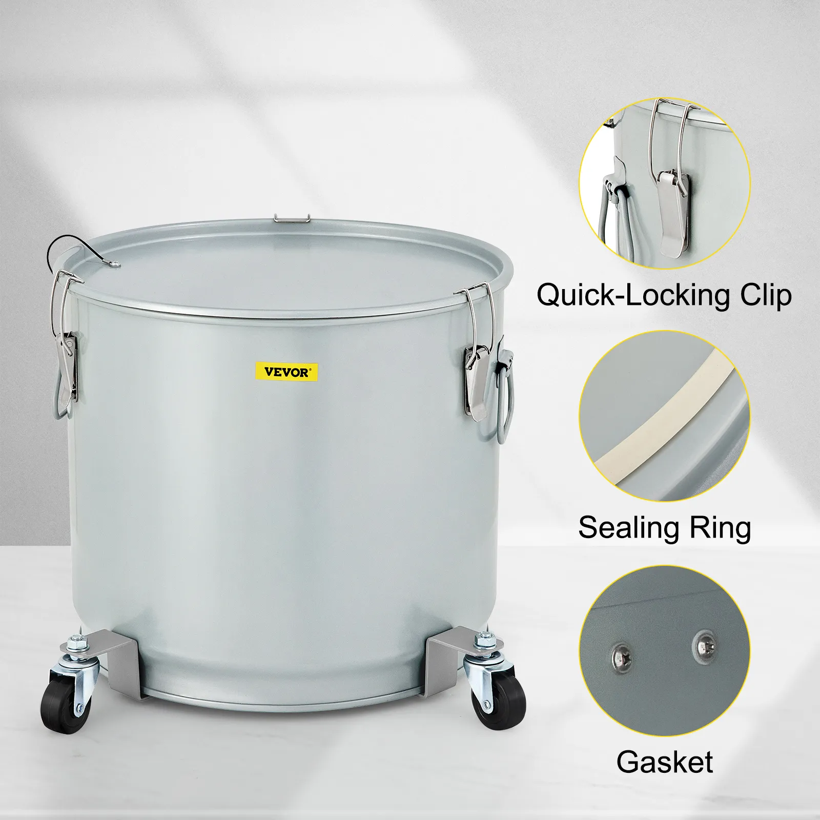 Cubo de grasa para freidora VEVOR con clip de cierre rápido, anillo de sellado y junta sobre ruedas.