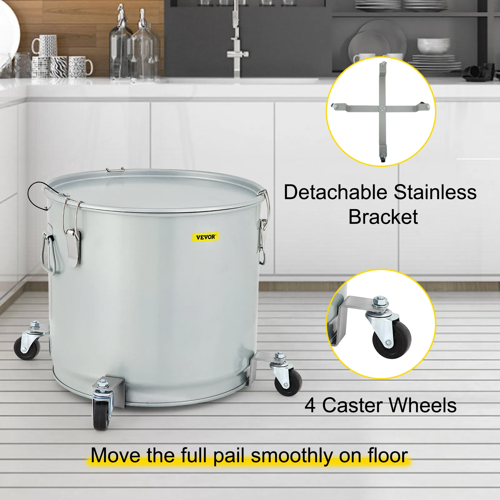 Cubo de grasa para freidora VEVOR con soporte de acero inoxidable desmontable y 4 ruedas giratorias en una cocina moderna.