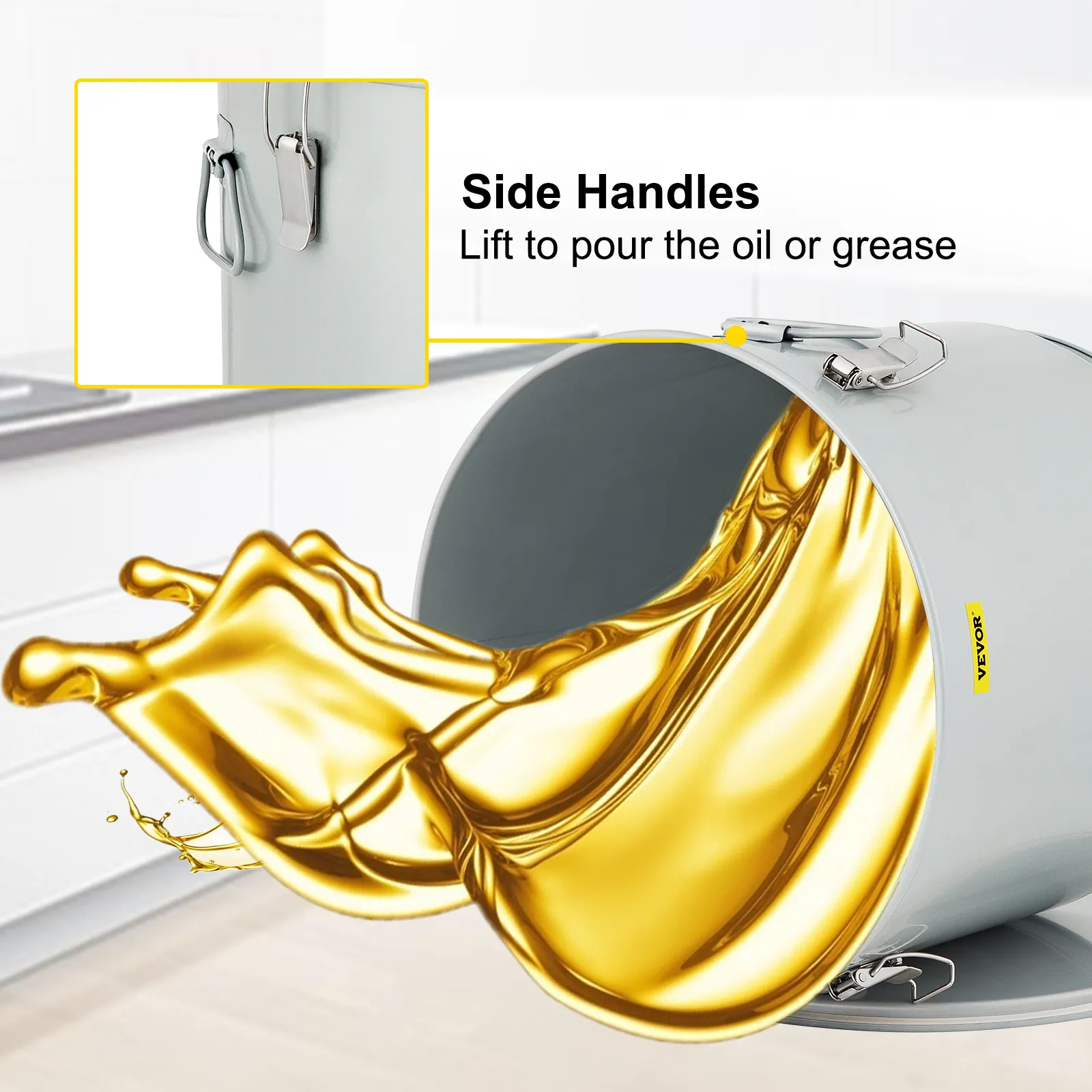 Cubo para grasa de freidora VEVOR con punta para verter aceite y asas laterales para levantarlo fácilmente.
