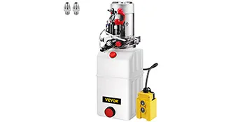 VEVOR-Hydraulikpumpe mit weißem Behälter und gelber Fernbedienung.