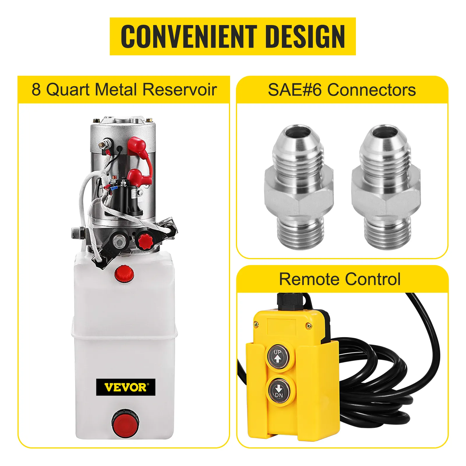 Hydraulikpumpe von VEVOR mit 8-Quart-Metallbehälter, SAE-6-Anschlüssen und Fernbedienung.