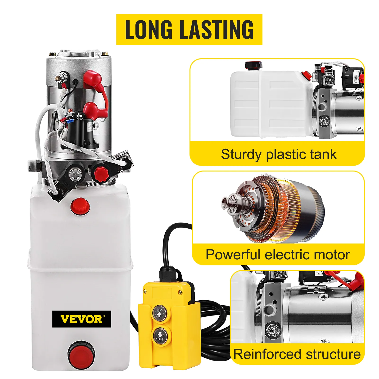VEVOR-Hydraulikpumpe mit robustem Kunststofftank, leistungsstarkem Elektromotor und verstärkter Struktur.