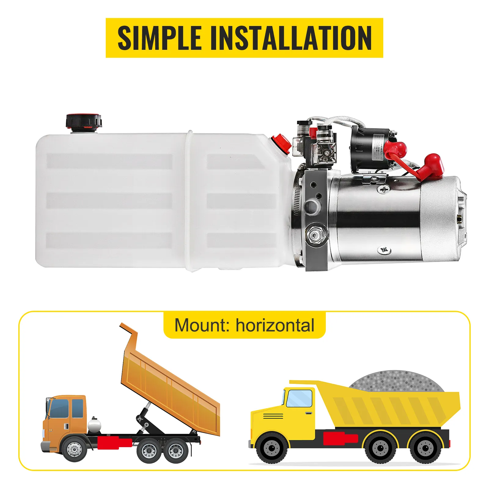 VEVOR-Hydraulikpumpe, einfache Installation, horizontale Montage und robustes Design für LKWs.