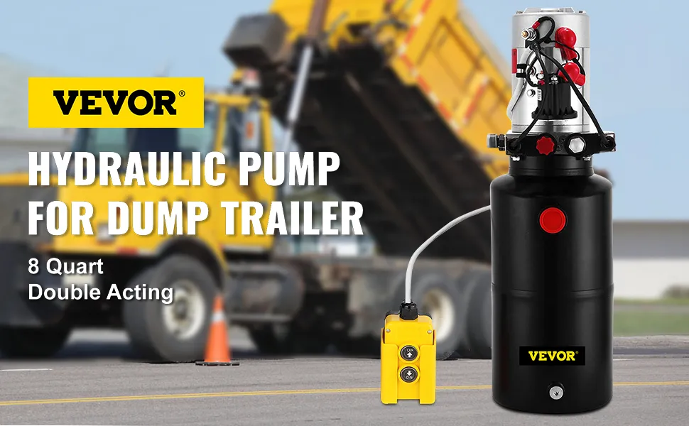 VEVOR hydraulic pump displayed in front of a dump trailer, 8 quart, double acting.
