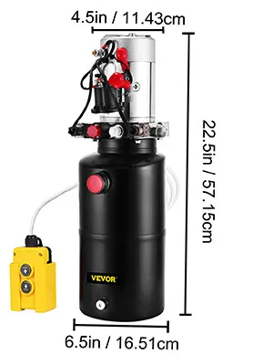 VEVOR hydraulic pump with dimensions; 22.5in height, 6.5in width, 4.5in depth.