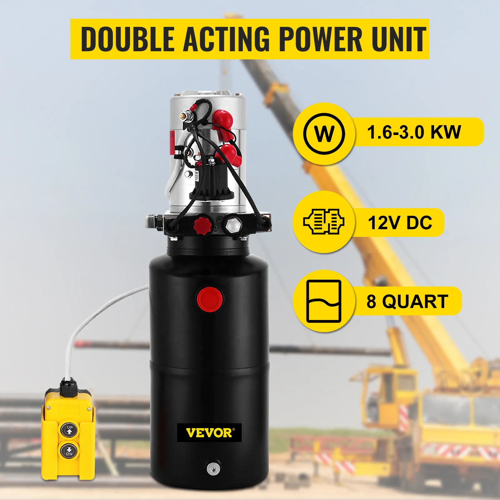 VEVOR hydraulic pump with 1.6-3.0 kw power, 12v dc, and 8-quart capacity.