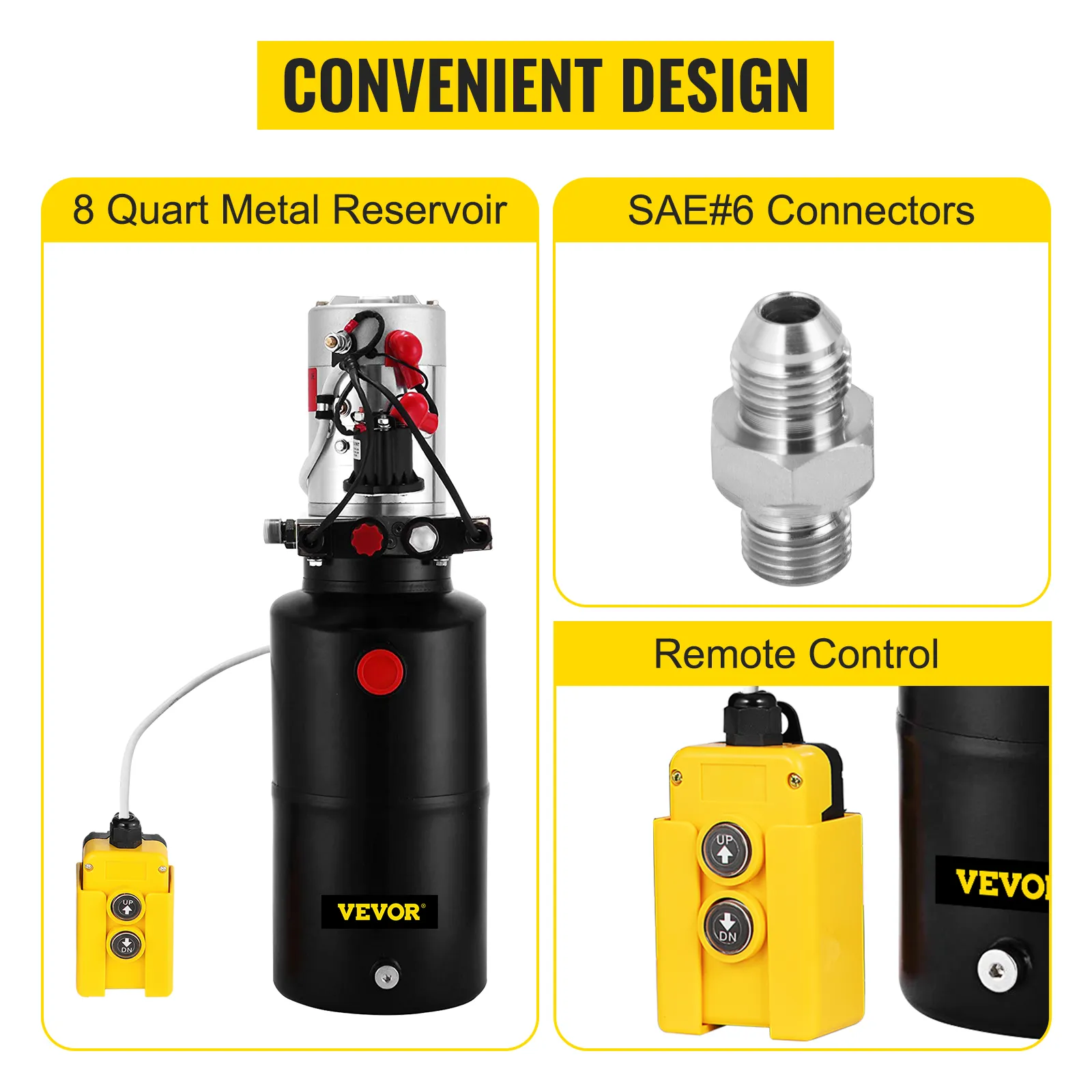 VEVOR hydraulic pump with 8 quart metal reservoir, sae#6 connectors, and remote control.