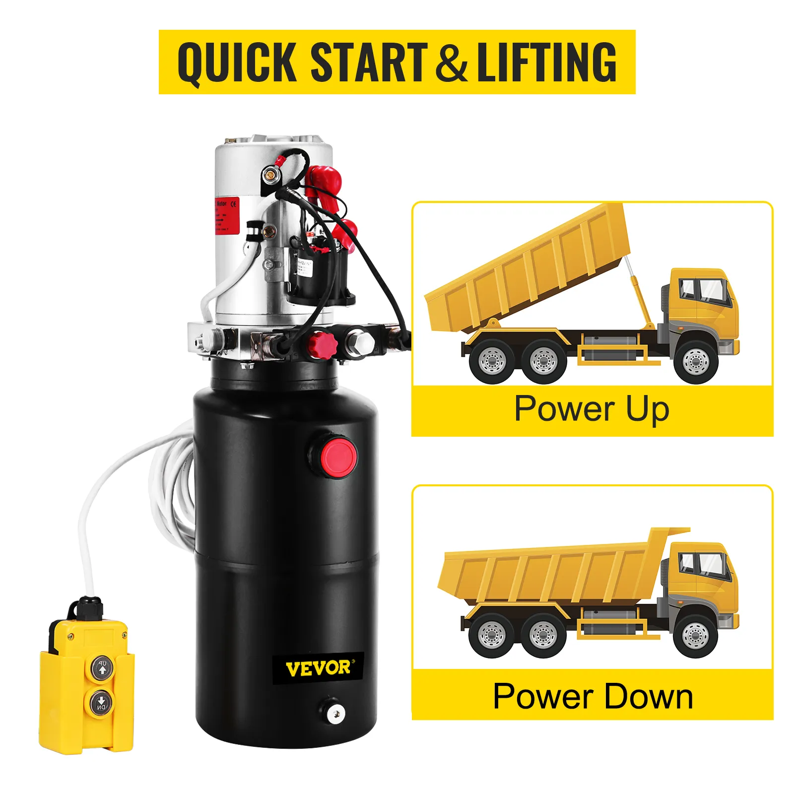 VEVOR hydraulic pump for quick start and lifting, shown with power up and power down.