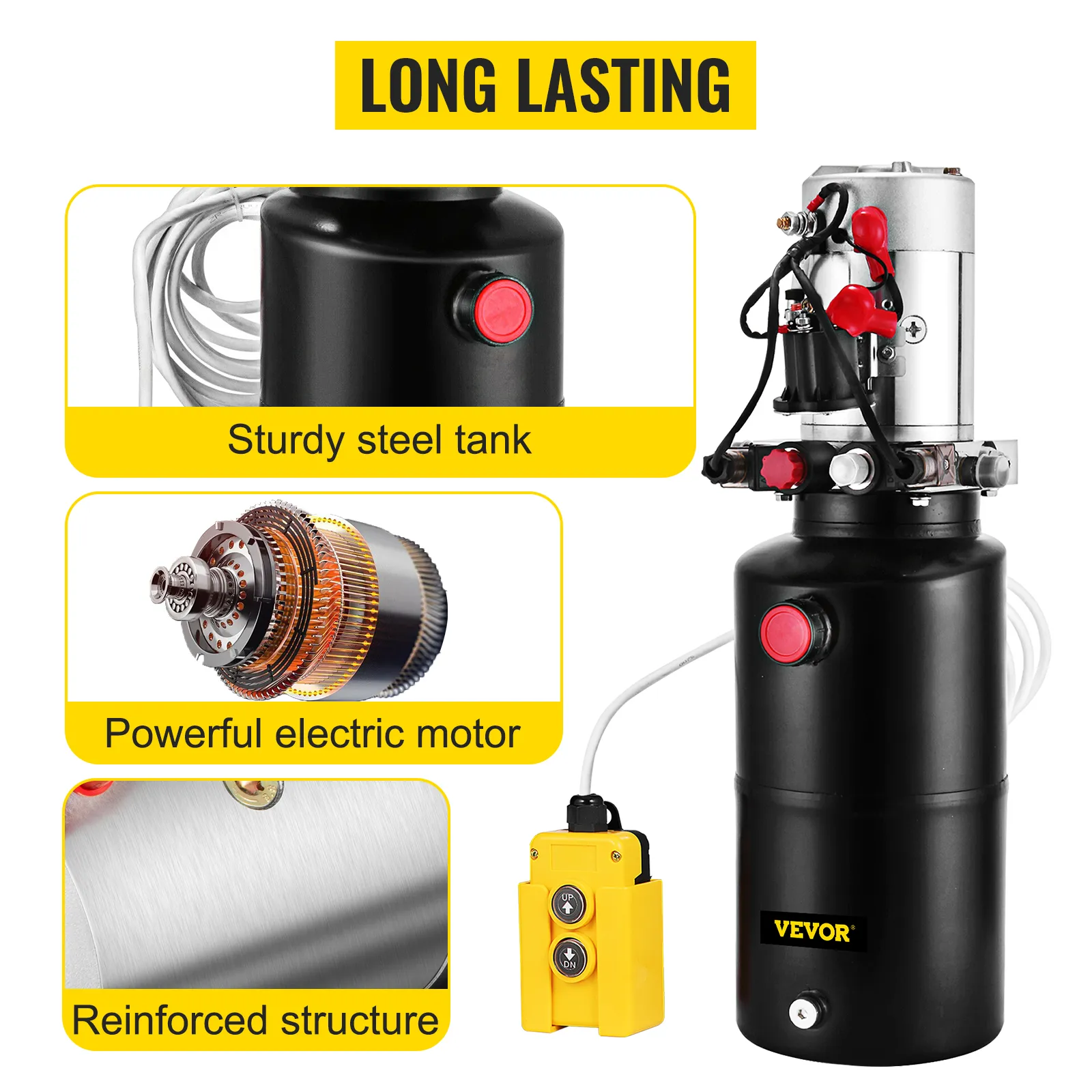 VEVOR hydraulic pump with sturdy steel tank, powerful electric motor, and reinforced structure.