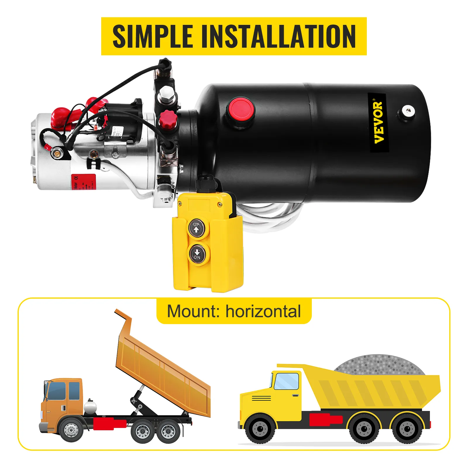 VEVOR hydraulic pump with simple installation, shown with a dump truck and horizontal mount.
