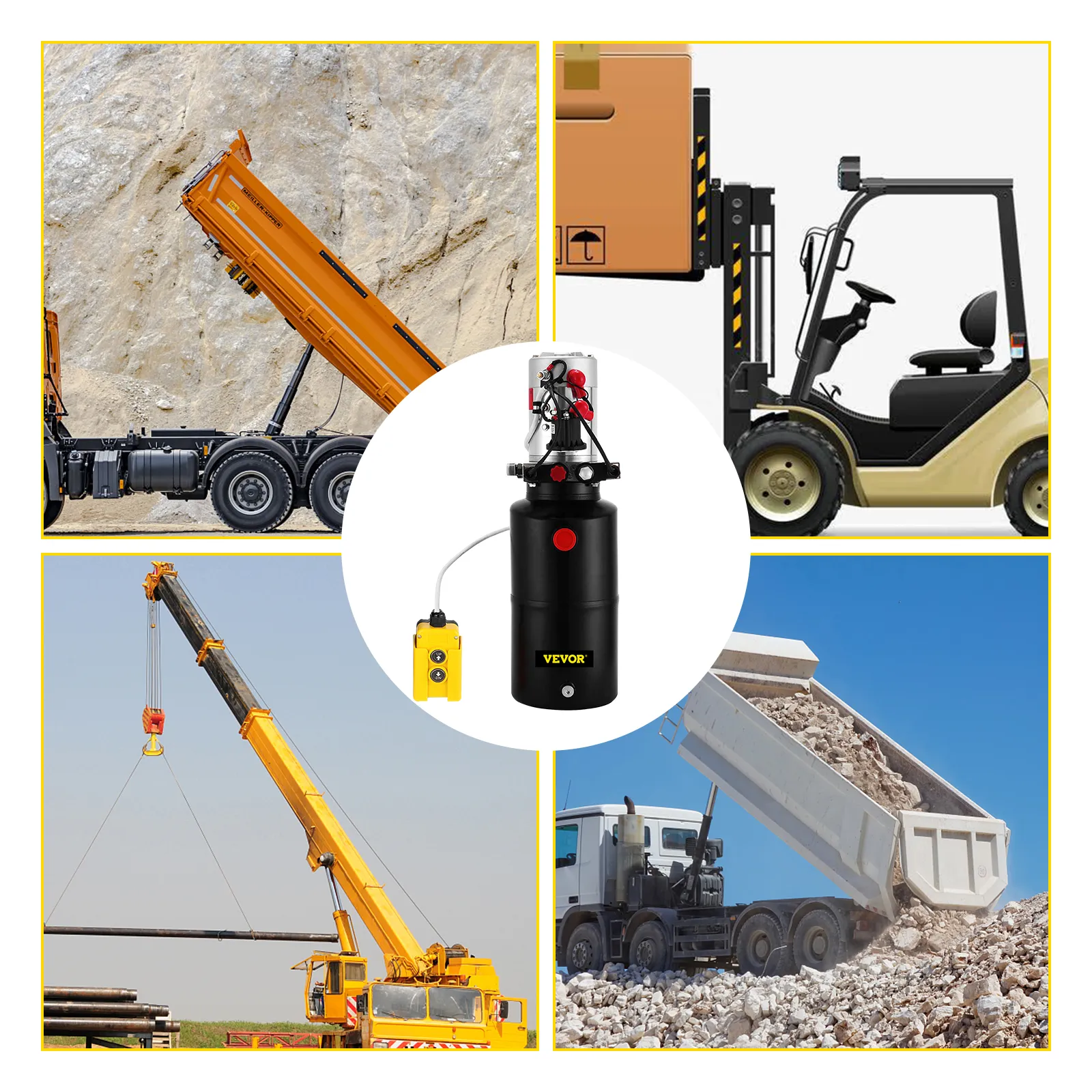 VEVOR hydraulic pump with construction machinery including cranes and dump trucks.