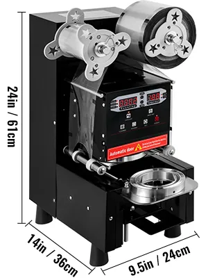 Máquina selladora de vasos VEVOR, negra con panel de control y dimensiones mostradas.