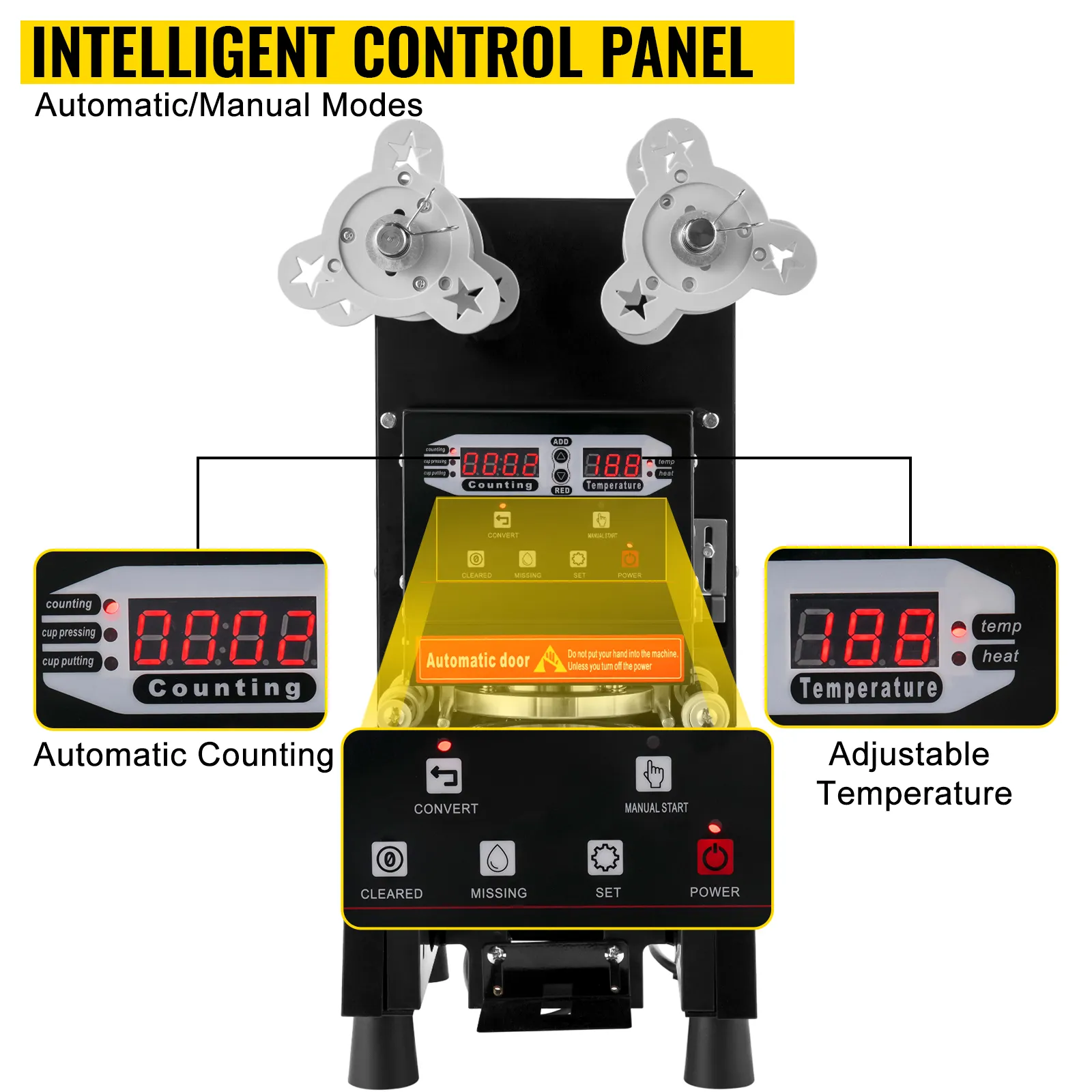 Máquina selladora de vasos VEVOR con panel de control inteligente, conteo automático y temperatura ajustable.