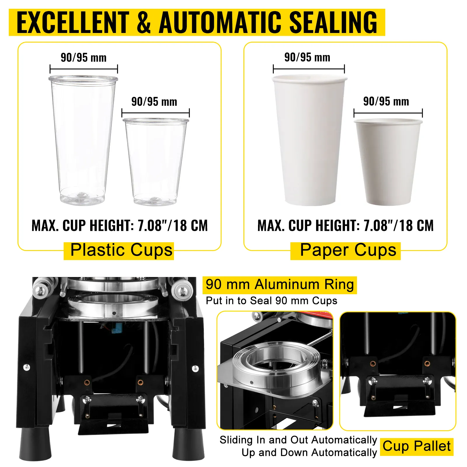 Máquina selladora de vasos VEVOR para vasos de plástico y papel, altura máxima 7,08"/18 cm.