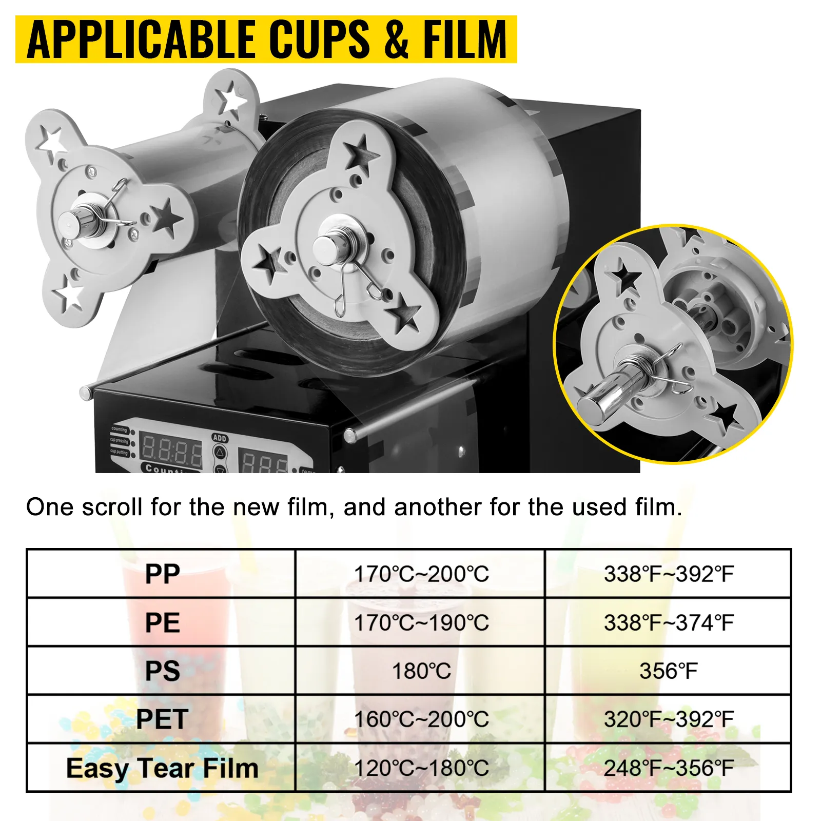 Máquina selladora de vasos VEVOR con vasos y película aplicables, guía de temperatura mostrada.