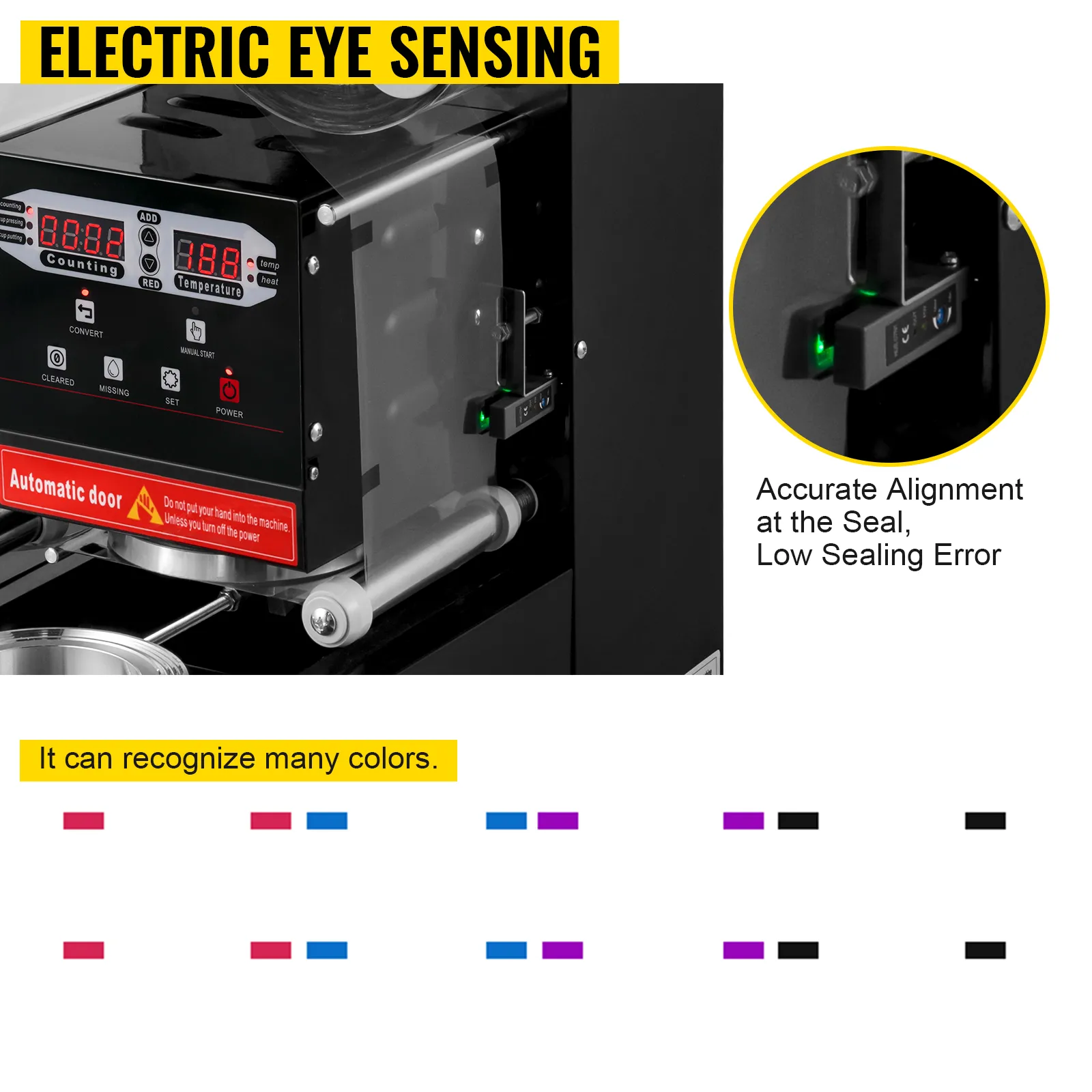 Máquina selladora de vasos VEVOR con detección de ojo eléctrico para una alineación precisa y un bajo error de sellado.