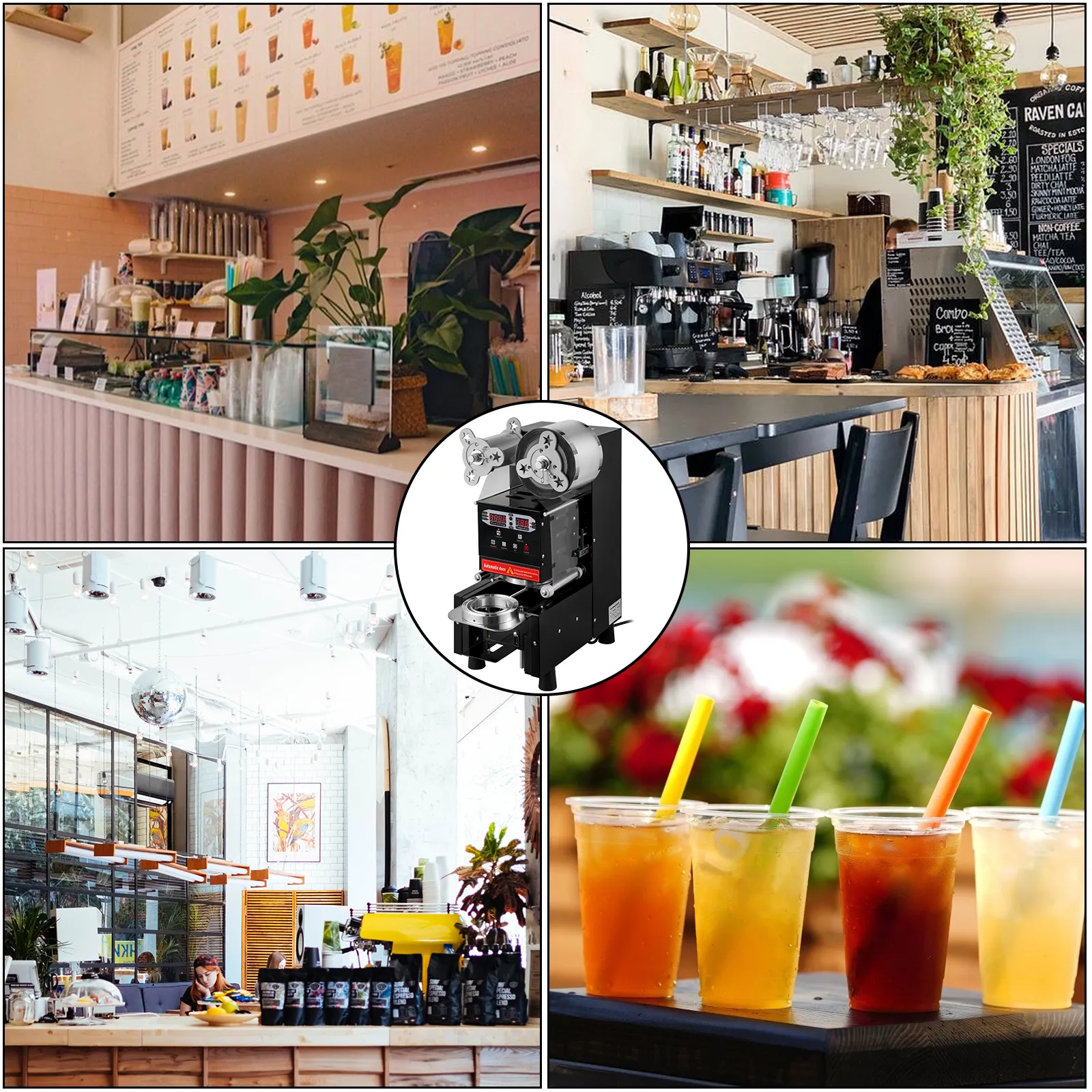 Cafés modernos y bebidas selladas con la máquina selladora de vasos VEVOR.