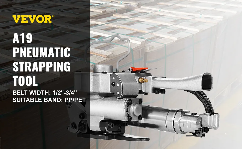 VEVOR pneumatic strapping tool for pp/pet bands, suitable for 1/2"-3/4" belt width.