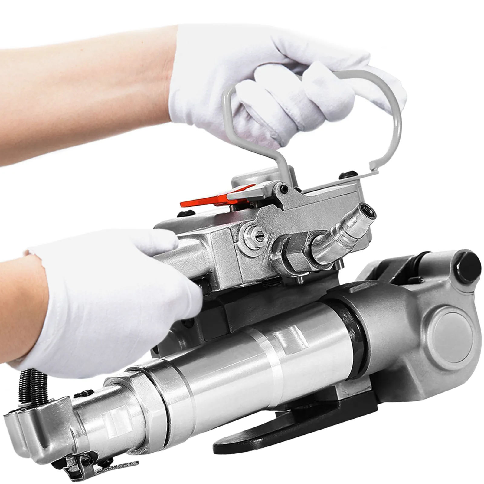 hands operating the VEVOR pneumatic strapping tool with white gloves.