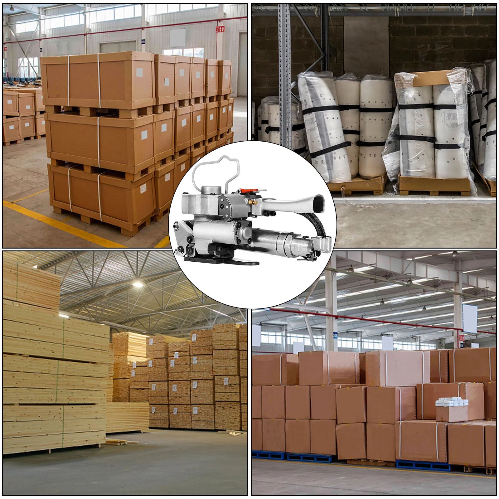 VEVOR pneumatic strapping tool in warehouse with palletized goods and bundles.
