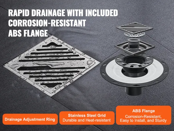 VEVOR shower pan kit with stainless steel grid, drainage adjustment ring, and abs flange for rapid drainage.