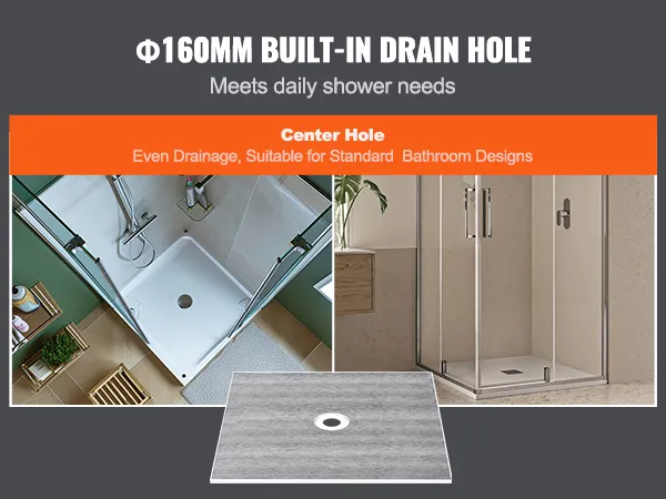 VEVOR shower pan kit with 160mm built-in center drain hole for even drainage in standard bathrooms.