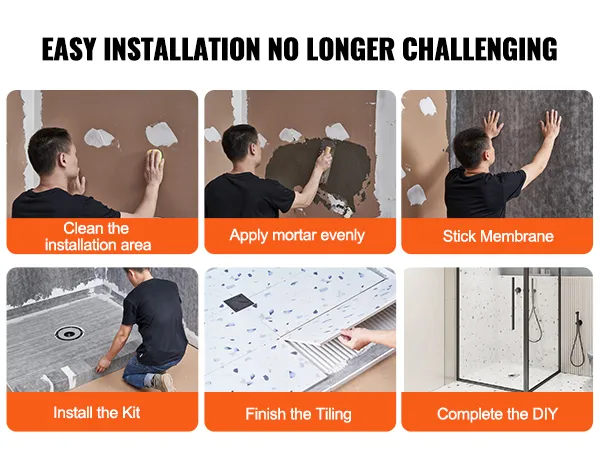 VEVOR shower pan kit includes tray, curb, waterproofing membrane, trowel, drain adjustment ring, and more.