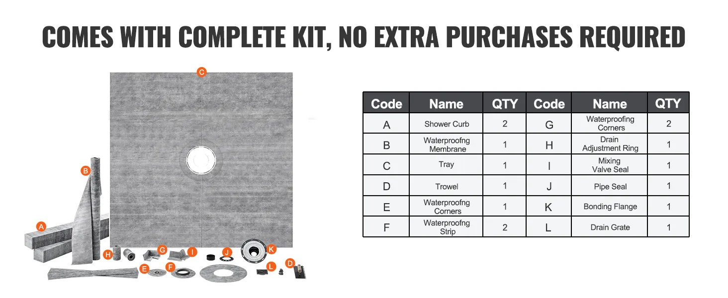 VEVOR shower pan kit includes tray, curb, waterproofing membrane, trowel, drain adjustment ring, and more.