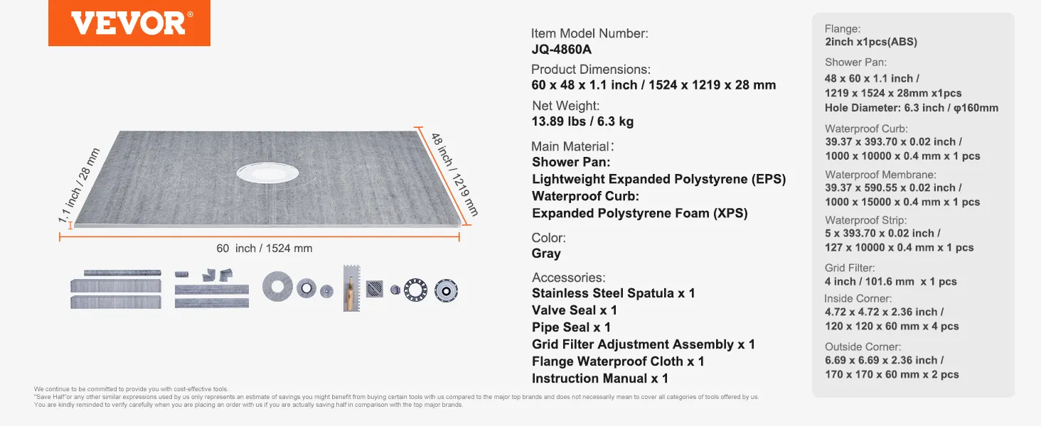VEVOR shower curb kit, 60 x 48 x 1.1 in, gray, includes pan, curb, seals, and accessories.
