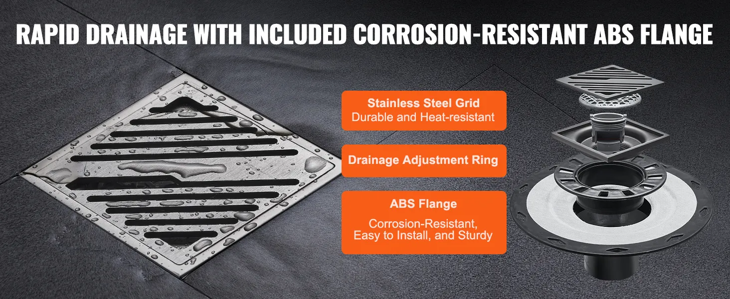 VEVOR shower curb kit with rapid drainage, corrosion-resistant abs flange, and stainless steel grid.