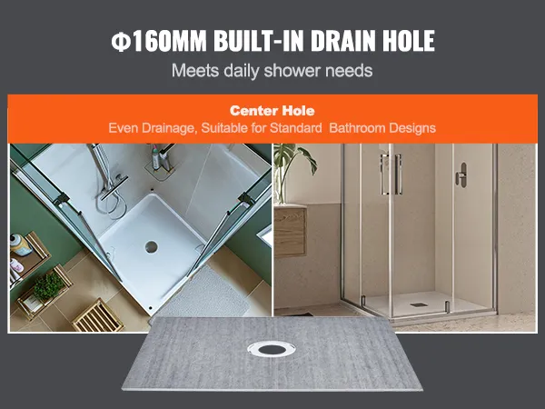 VEVOR shower curb kit with 160mm built-in drain hole and center hole for even drainage in bathrooms.