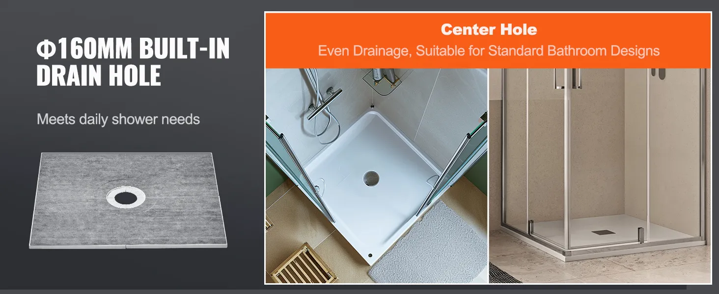 VEVOR shower curb kit with 160mm built-in drain hole and center hole for even drainage in bathrooms.