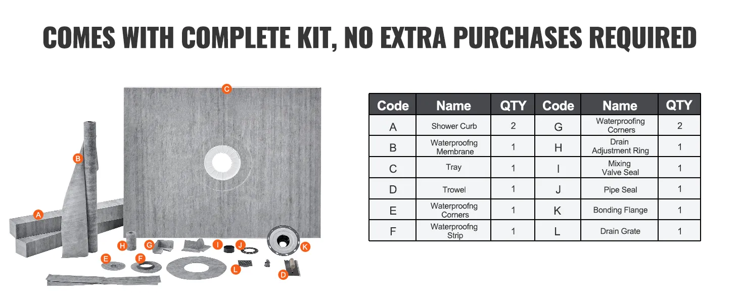 complete VEVOR shower curb kit contents with product codes and quantities listed.