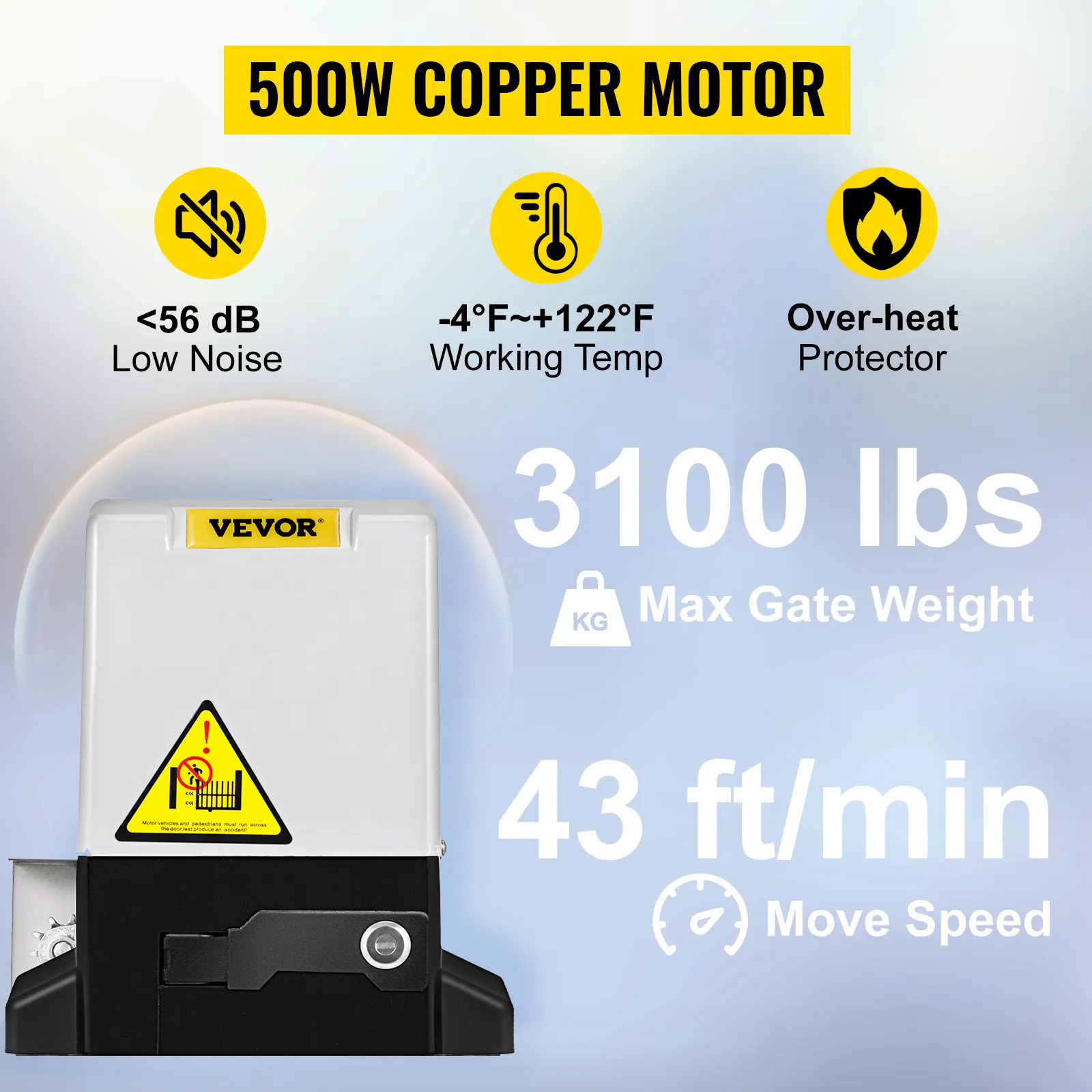 Abridor de puerta corrediza VEVOR con motor de 500 W, soporta 3100 lb, velocidad de 43 pies/min, bajo nivel de ruido.