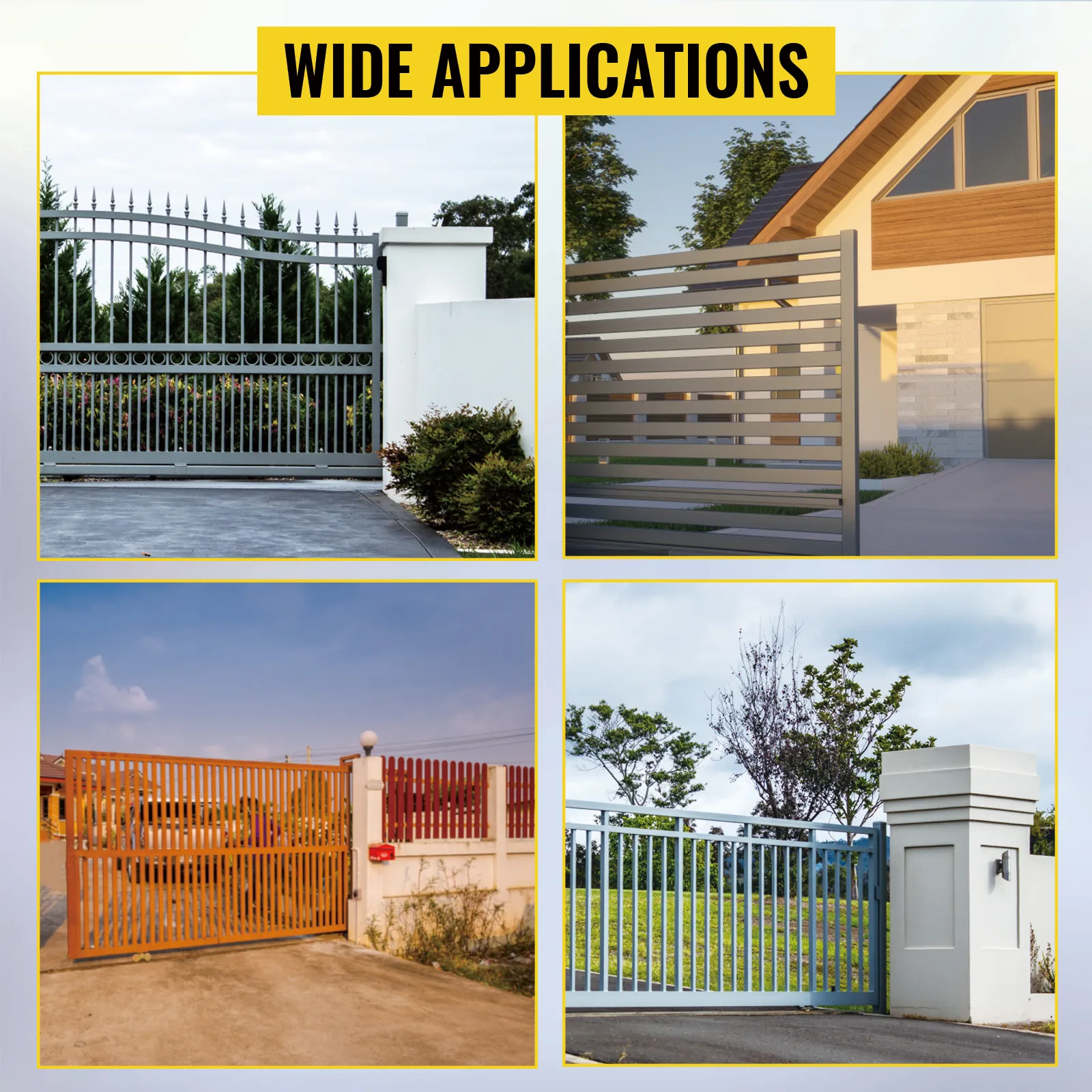 Varios estilos de puertas operadas con el abridor de puerta corrediza VEVOR para una amplia variedad de aplicaciones.