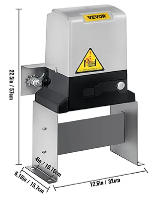VEVOR sliding gate opener with dimensions and safety warning sticker.