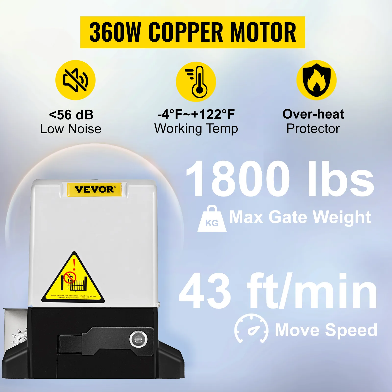 VEVOR sliding gate opener with 360w copper motor, 1800 lbs capacity, 43 ft/min speed.