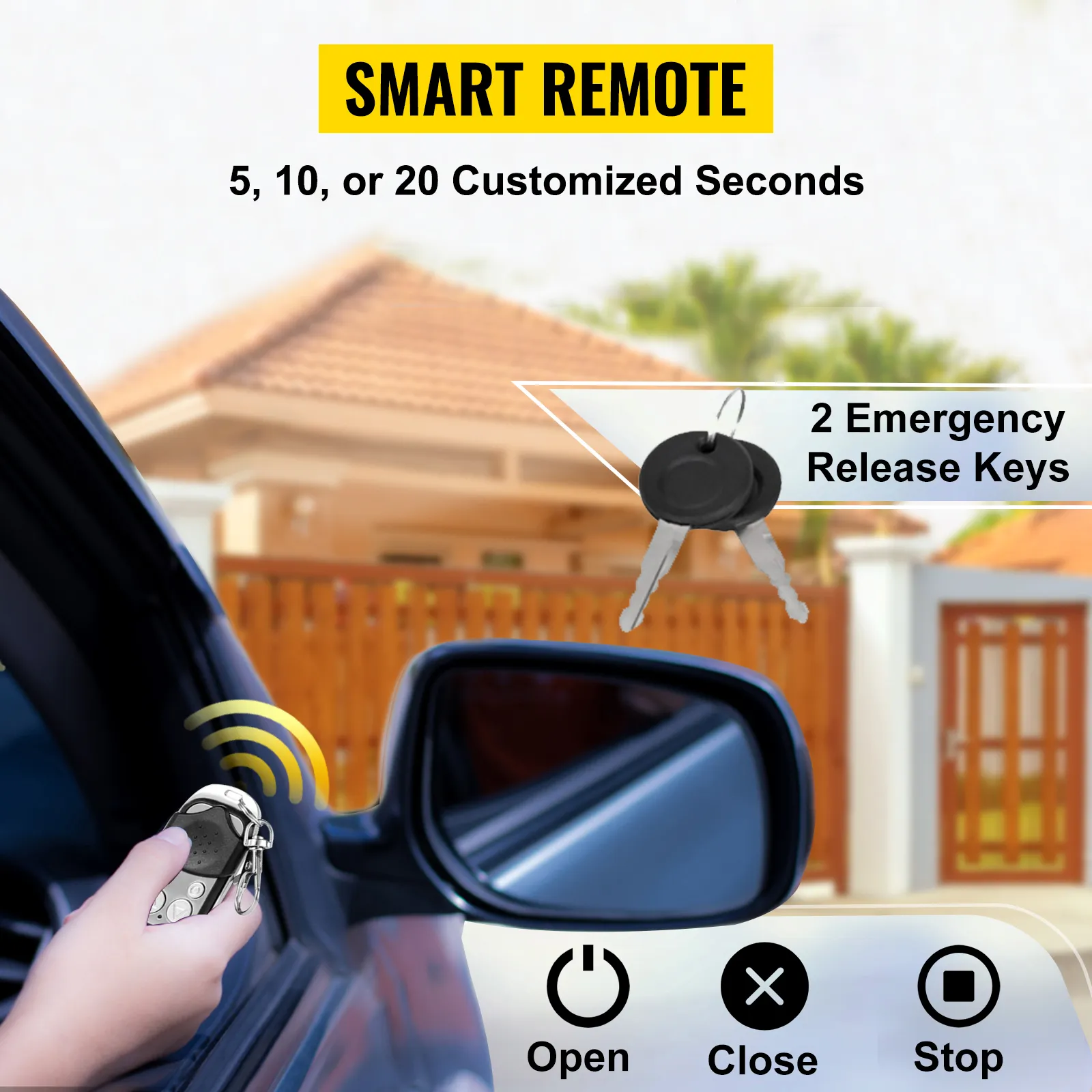 VEVOR sliding gate opener features smart remote with 2 emergency release keys.