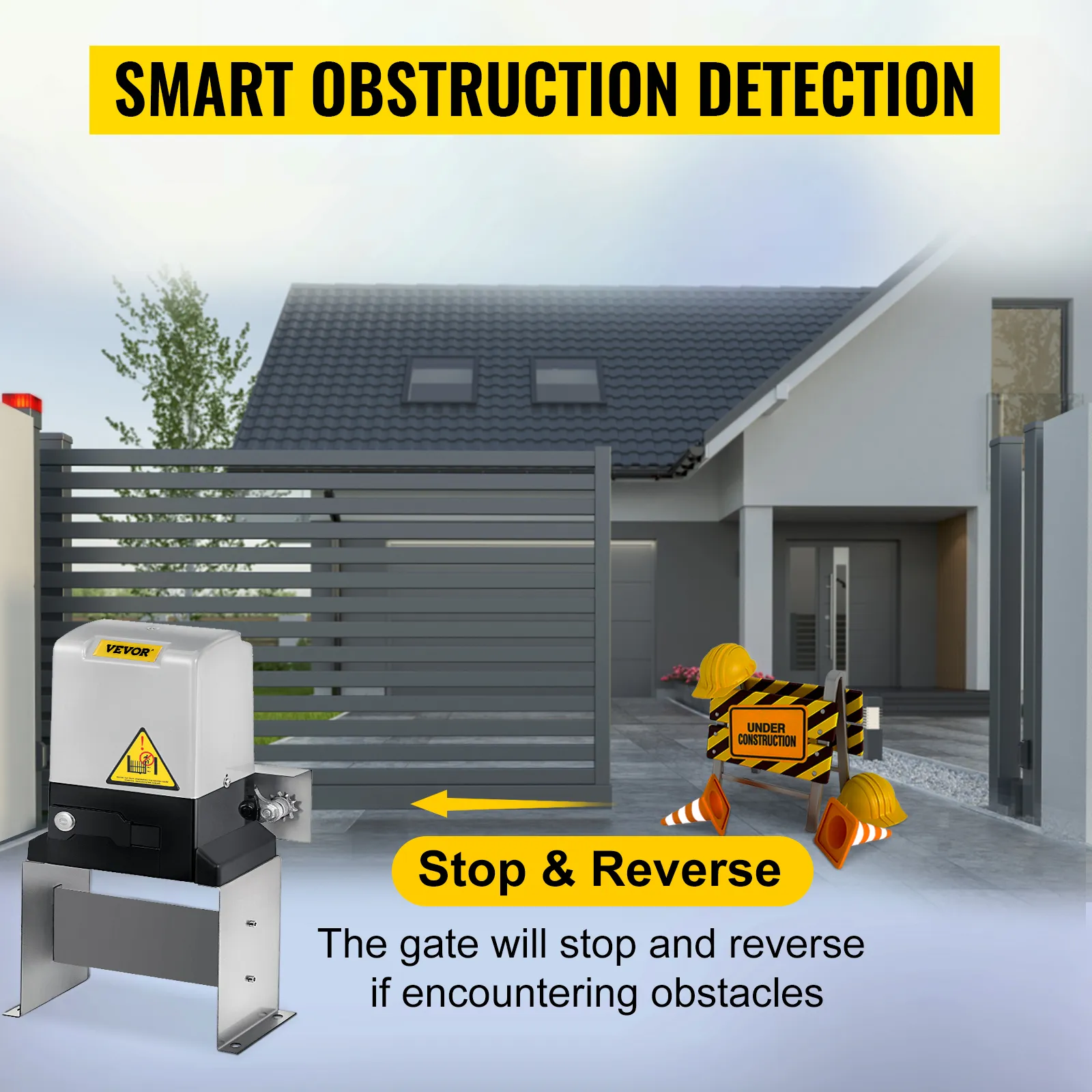 VEVOR sliding gate opener with smart obstruction detection in front of modern house