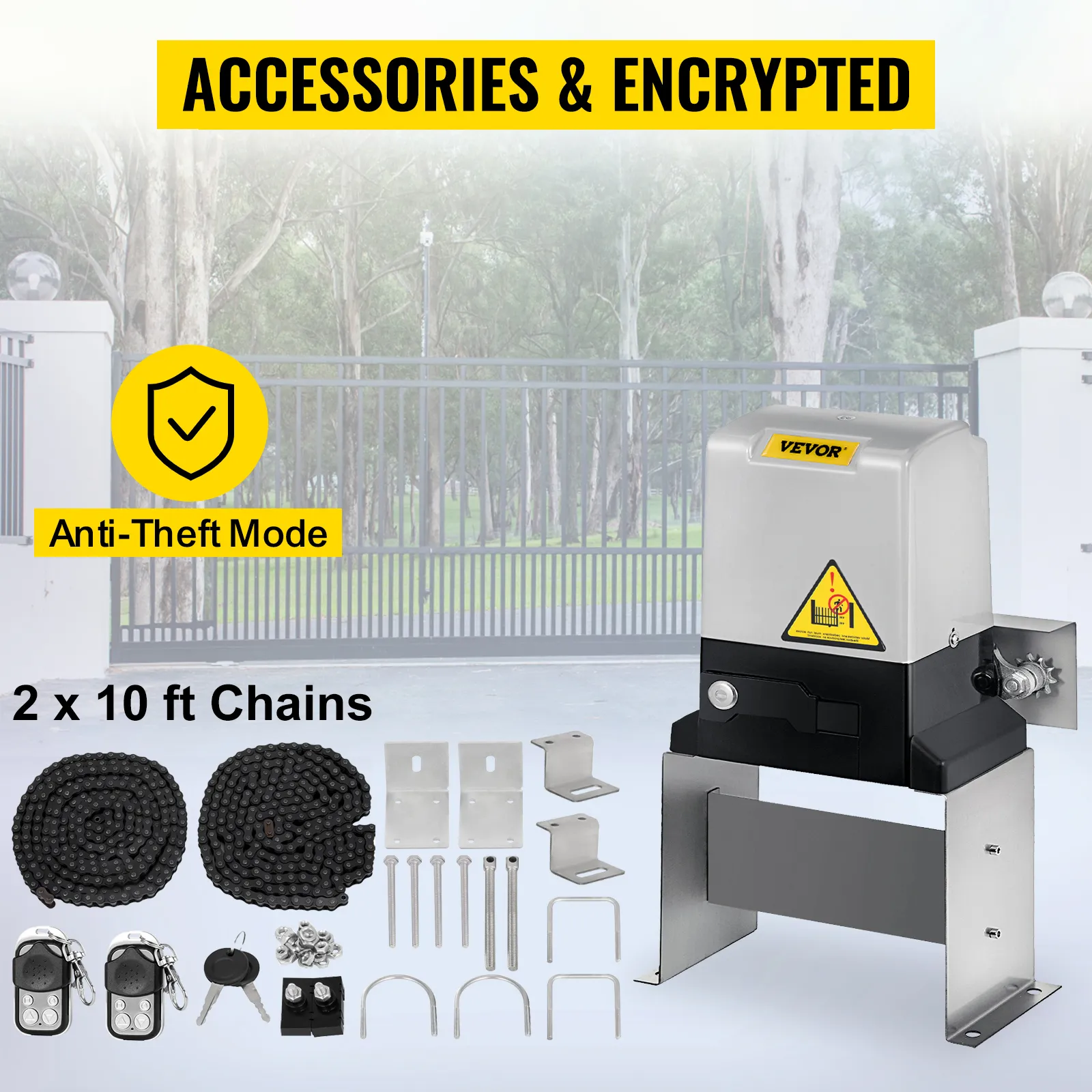 VEVOR sliding gate opener set with chains, remote controls, and anti-theft mode.