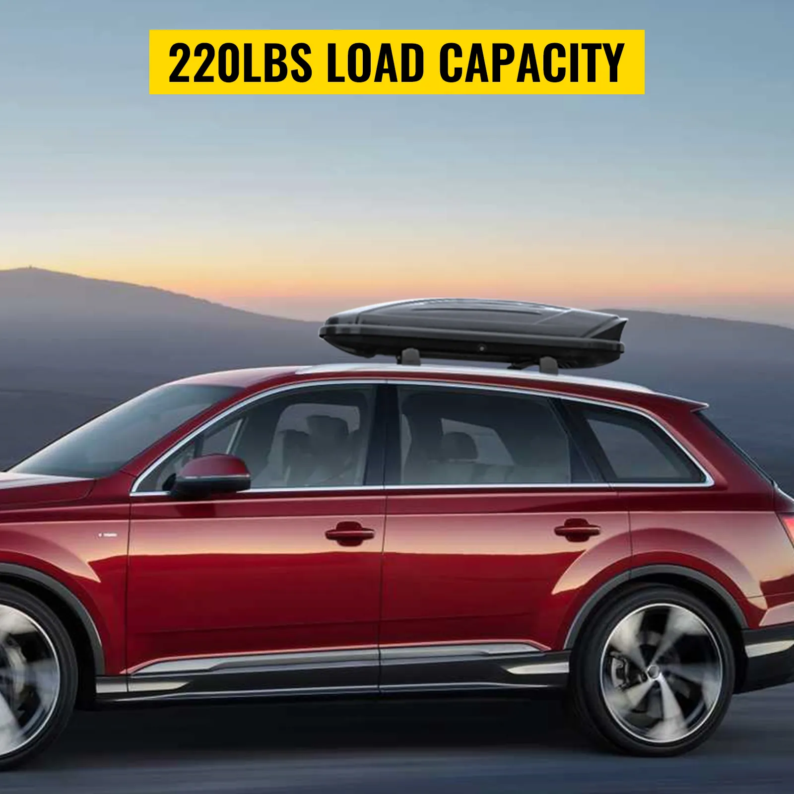 SUV rojo con barras transversales de techo VEVOR, capacidad de carga de 220 libras, fondo de puesta de sol.