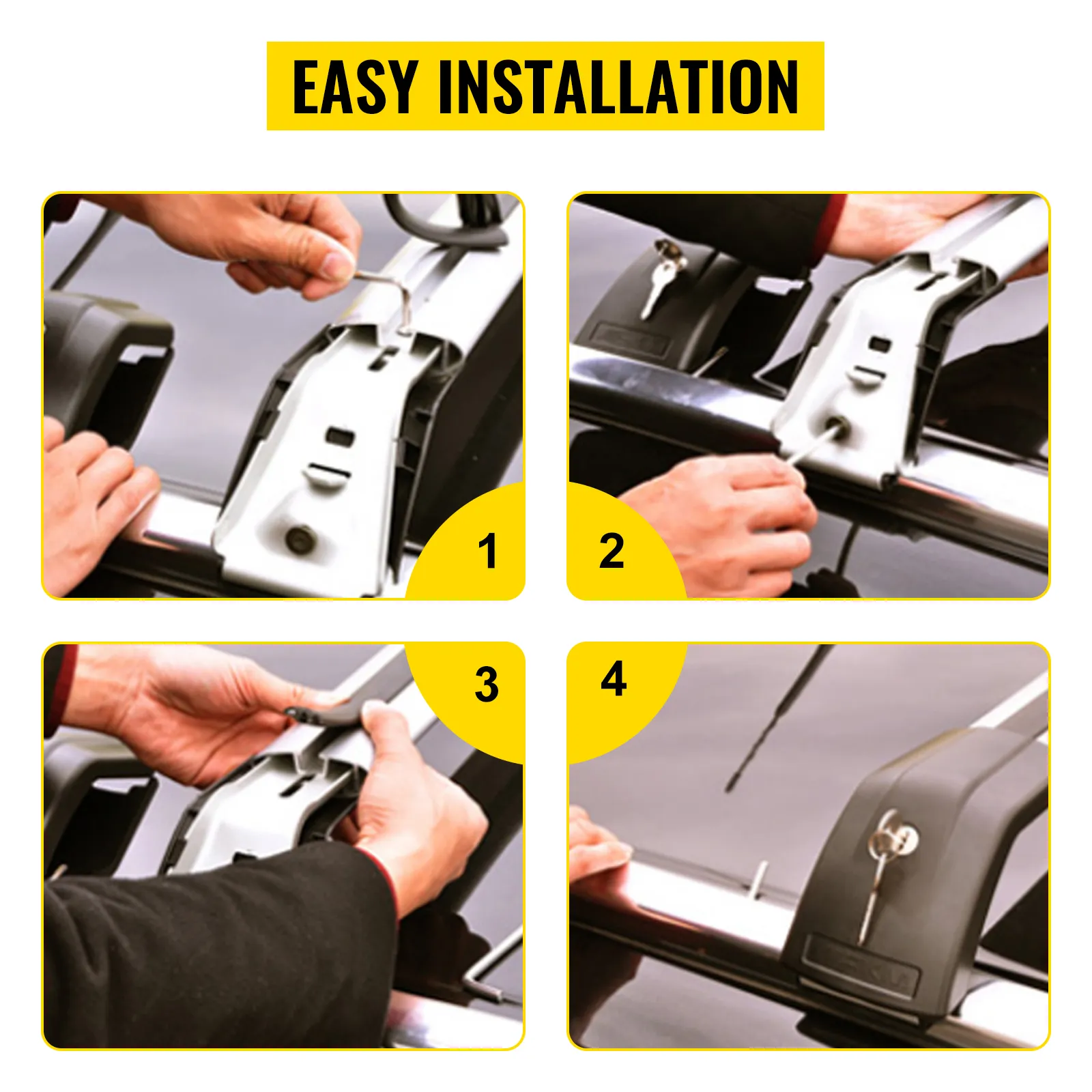 Pasos de fácil instalación para las barras transversales del portaequipajes de techo VEVOR que se muestran en cuatro imágenes.