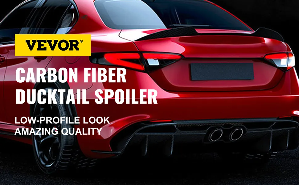 Coche rojo con alerón trasero VEVOR, que promueve la cola de pato de fibra de carbono para una apariencia de perfil bajo.