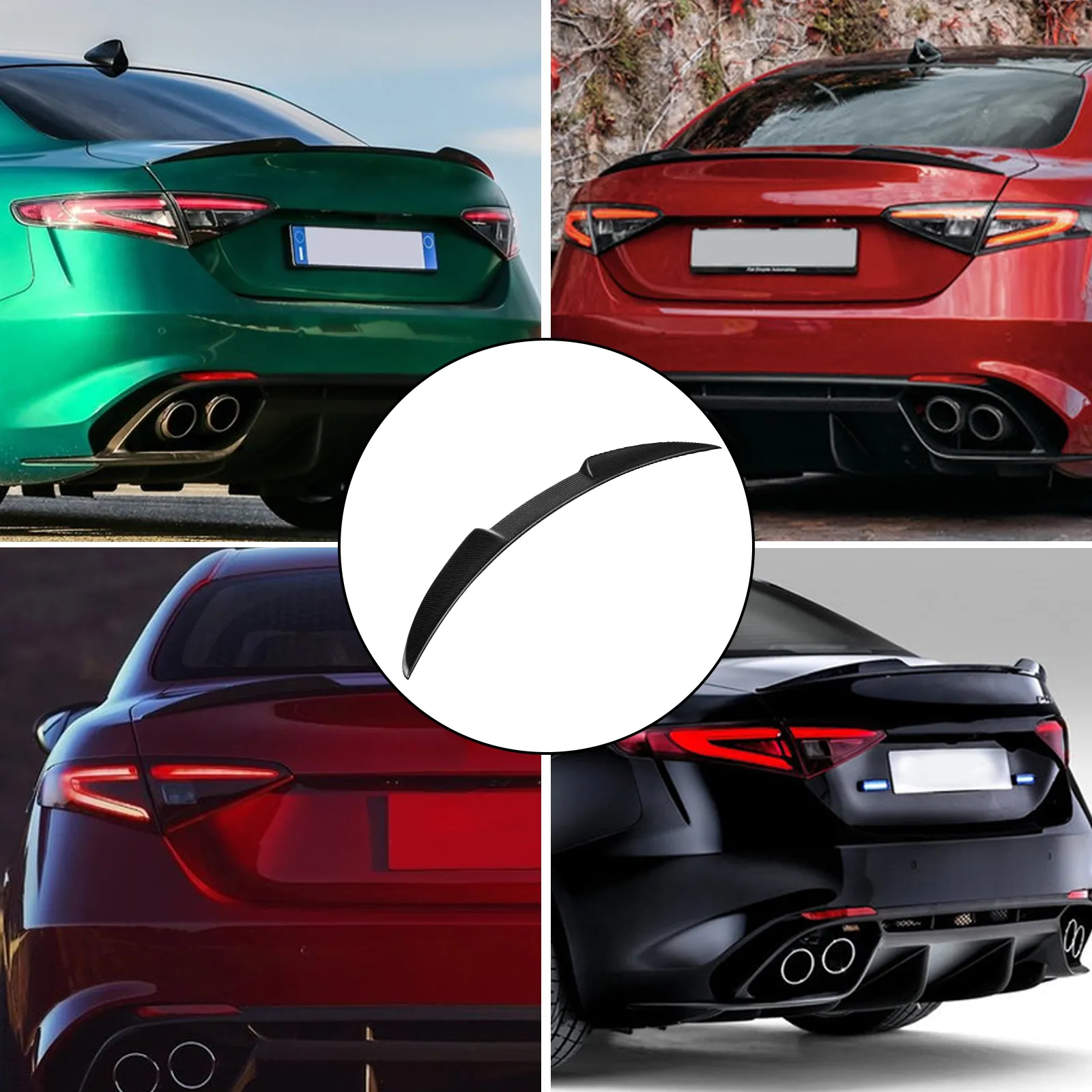 Alerón trasero VEVOR en coches verdes, rojos y negros con un primer plano central.