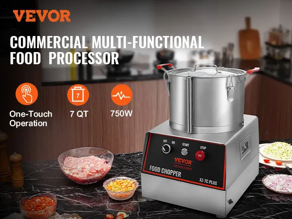 VEVOR-Küchenmaschine in einer Küche mit geschnittenem Gemüse, Gewürzen und Schüsseln in der Nähe.