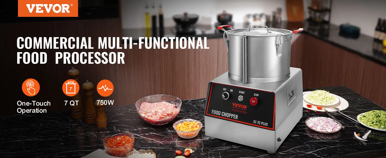 VEVOR-Küchenmaschine in einer Küche mit geschnittenem Gemüse, Gewürzen und Schüsseln in der Nähe.